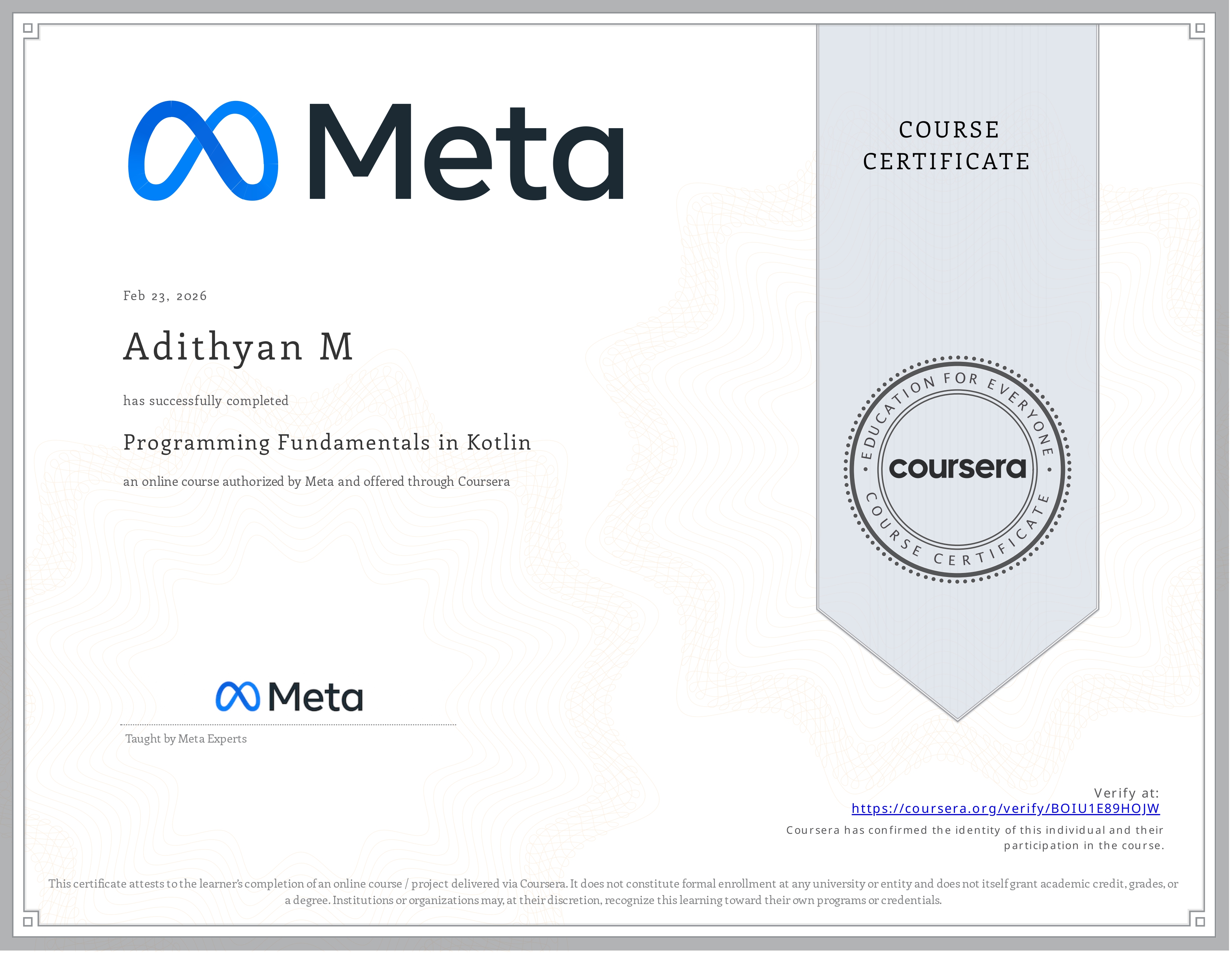 Certificate for Fundamental of Kotlin earned by Adithyan M - Full Stack & Android Developer