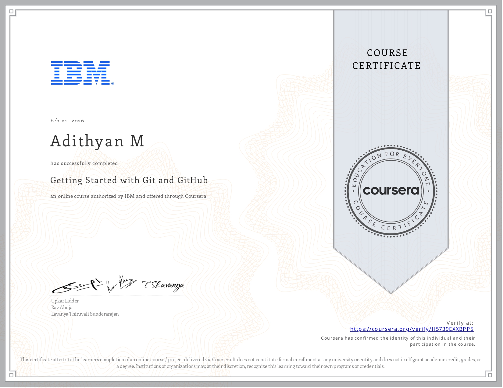 Certificate for Git and GitHub Essentials earned by Adithyan M - Full Stack & Android Developer